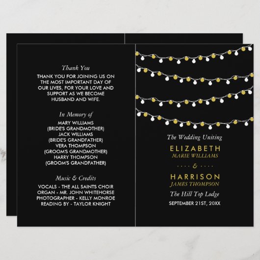 Modern String Lights, White/Gold Wedding Program (Voorkant / Achterkant)