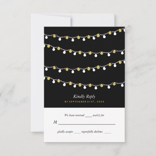 Modern String Lights, White & Gold Wedding RSVP Kaartje (Voorkant)