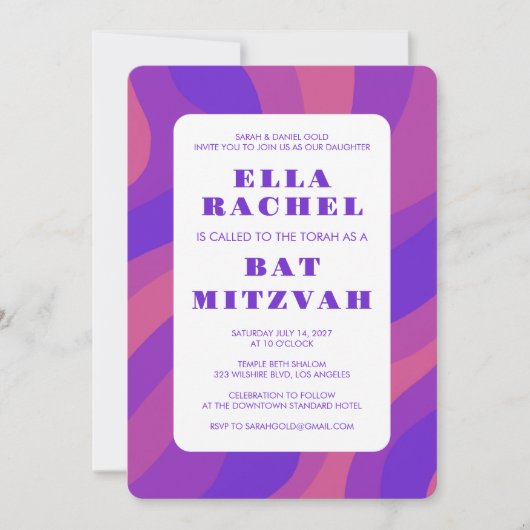 Modern Stripe Groovy Paarse Custom Bar Bat Mitzvah Kaart (Voorkant)