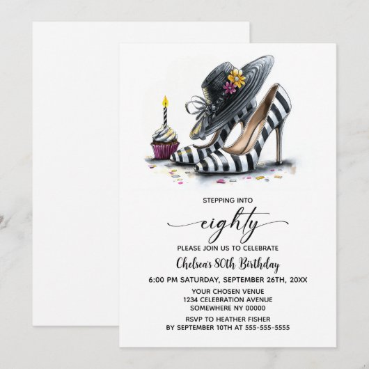 Modern Striped High Heel Shoes 80th Birthday Kaart (Voorkant / Achterkant)