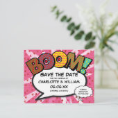 Modern Strips Boek BOOM Roze Save the Date Briefkaart (Staand voorkant)
