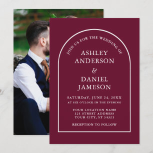 Modern Stylish Arch Burgundy Photo Wedding Kaart