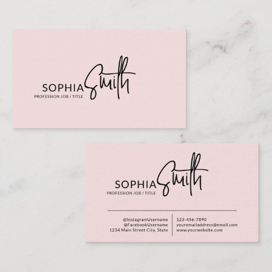 Modern Stylish Blush Pink Handwritten Script Visitekaartje (Voorkant / Achterkant)