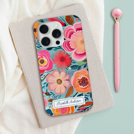 Modern Stylish Colorful Pink Floral Monogram iPhone Hoesje