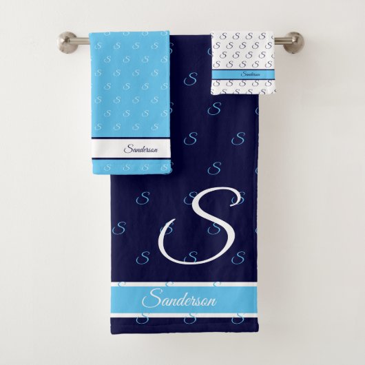 Modern Stylish Navy Blue and White Monogram Bath Bad Handdoek (Insitu)