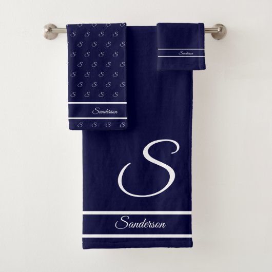 Modern Stylish Navy Blue en White Monogram Bath Bad Handdoek (Insitu)