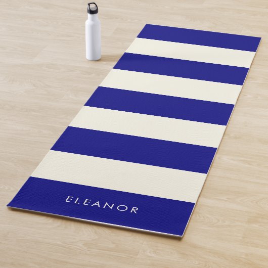 Modern Stylish Simple Ivory and Navy Custom Name Yogamat (In situ)