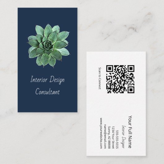 Modern Succulent Botanical Navy Blue QR code  Visitekaartje (Voorkant / Achterkant)