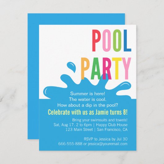 Modern Summer Birthday Pool Party Invitations Kaart (Voorkant / Achterkant)