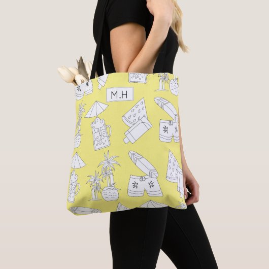 Modern Summer Line Drawings on Yellow Monogram Draagtas (Dichtbij)