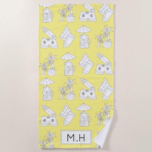 Modern Summer Line Drawings on Yellow Monogram Strandlaken (Voorkant)