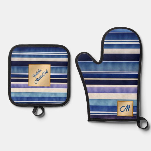 Modern Summer Navy Blue Boat Stripes Collectie Ovenwant & Pannenlap Set (Voorkant)