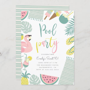 Modern Summer Pool Party Script Sweet 16 Birthday Kaart