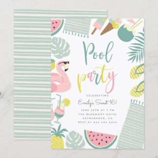 Modern Summer Pool Party Script Sweet 16 Birthday Kaart