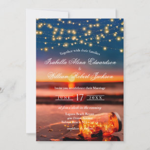 Modern Summer Sunset Beach Mason Jar Wedding Kaart