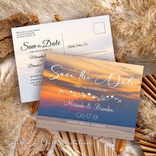 Modern Summer Sunset Beach Wedding Save the Date Aankondigingskaart