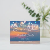 Modern Summer Sunset String Lights Beach Wedding Aankondigingskaart (Staand voorkant)