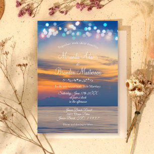 Modern Summer Sunset String Lights Beach Wedding Kaart