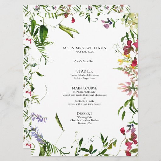 Modern Summer Wildflower Calligraphy Wedding Menu (Voorkant / Achterkant)