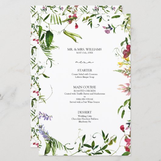 Modern Summer Wildflower Calligraphy Wedding Menu (Voorkant / Achterkant)