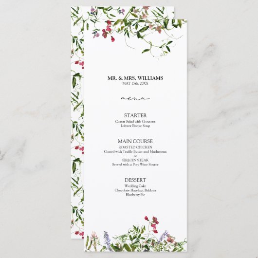 Modern Summer Wildflower Calligraphy Wedding Menu (Voorkant / Achterkant)
