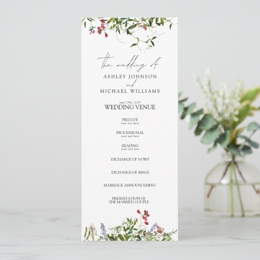 Modern Summer Wildflower Calligraphy Wedding Programma (Staand voorkant)