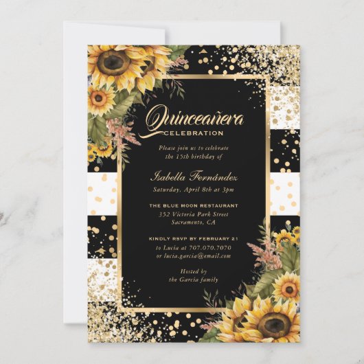 Modern Sunflower Gold Black White Quinceañera Kaart (Voorkant)