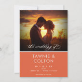 Modern Sunset Sinaasappel Script Foto bruiloft Kaart (Voorkant)