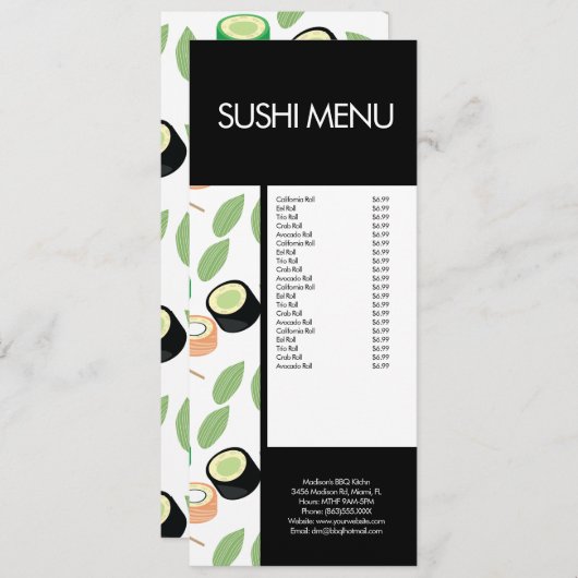 Modern Sushi Roll Asian Restaurant Pattern Menu (Voorkant / Achterkant)