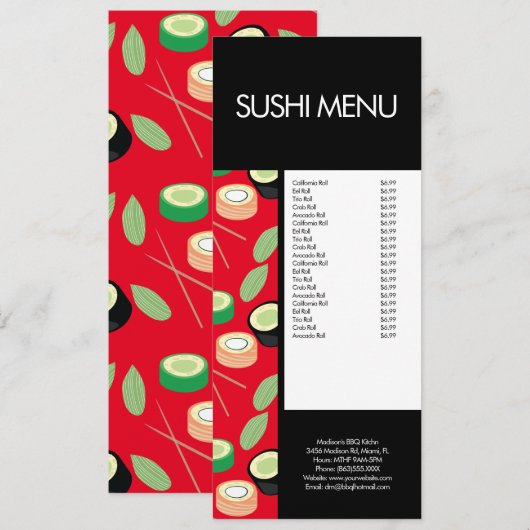 Modern Sushi Roll Asian Restaurant Pattern Red  Menu (Voorkant / Achterkant)