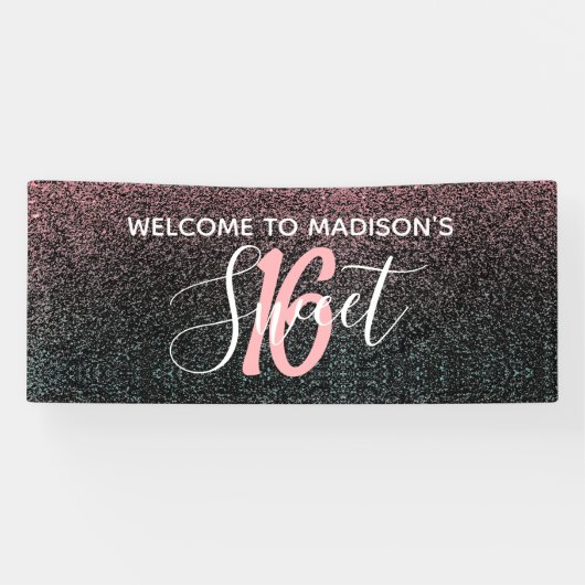 Modern Sweet 16 Black Blush Pink Glitter Name Spandoek (Horizontaal)