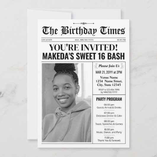 Modern Sweet 16 Invitation avec le journal du prog (Devant)