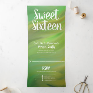 Modern Sweet 16 Marble Forest Green Swirls Drieluik Uitnodiging