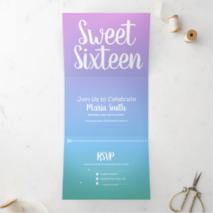 Modern Sweet 16 Paarse Blue Ombre fotografie Drieluik Uitnodiging
