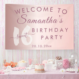 Modern Sweet 16 Roze Metallic Verjaardag Spandoek