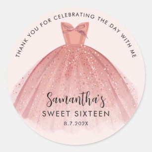 Modern Sweet 16 Script Dress Verjaardag Dank u Ronde Sticker