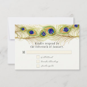 Modern Swirl Peacock Feathers Monogram RSVP Kaartje
