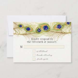 Modern Swirl Peacock Feathers Monogram RSVP Kaartje