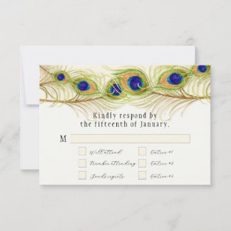Modern Swirl Peacock Feathers Monogram RSVP Kaartje