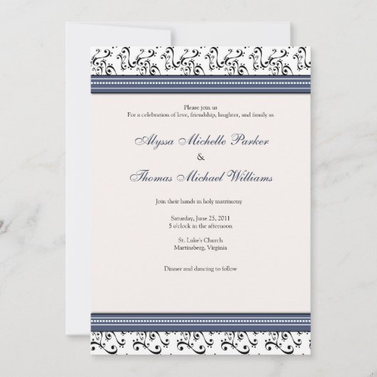 Modern Swirl Wedding Invitation (marine) Kaart (Voorkant)