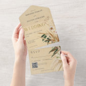 Modern Tan Boho gedroogd bloemboeket QR-code All In One Uitnodiging (Afscheurbaar)