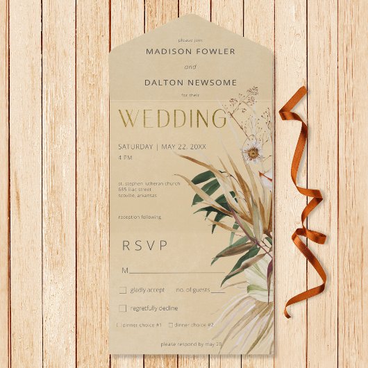 Modern Tan Boho Gedroogd Bloemenboeket Diner All In One Uitnodiging