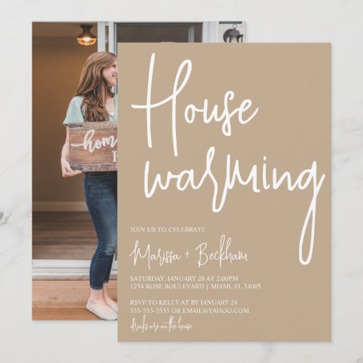Modern Tan & White Housewarming Invitation Kaart (Voorkant / Achterkant)