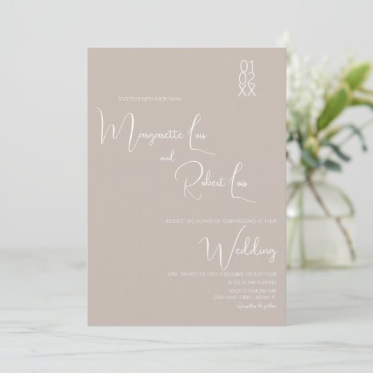 Modern Tan White Ribbon Script Weddenschap Kaart (Staand voorkant)