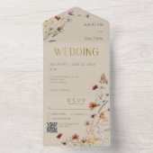 Modern Tan Wildflower Boeket QR Code All In One Uitnodiging (Binnen)