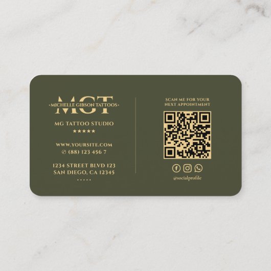 Modern Tattoo Artist Monogram Tattoos Army Green Visitekaartje (Achterkant)