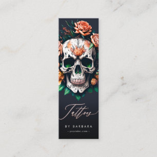 Modern Tattoo Artist Skull en Rozen Zwart Wit Mini Visitekaartje