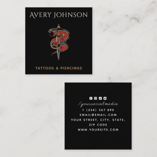 Modern Tattoo & Piercing Bloemenslang & Ridder Vierkante Visitekaartje (Voorkant / Achterkant)