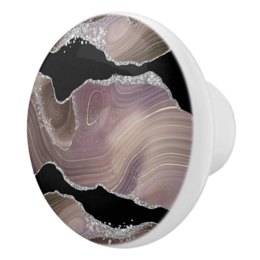 Modern Taupe & Black Agate Silver Glitter Geode Keramische Knop (Rechts)