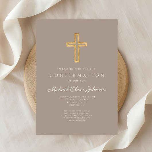 Modern Taupe Religious Cross Boy Confirmation Kaart